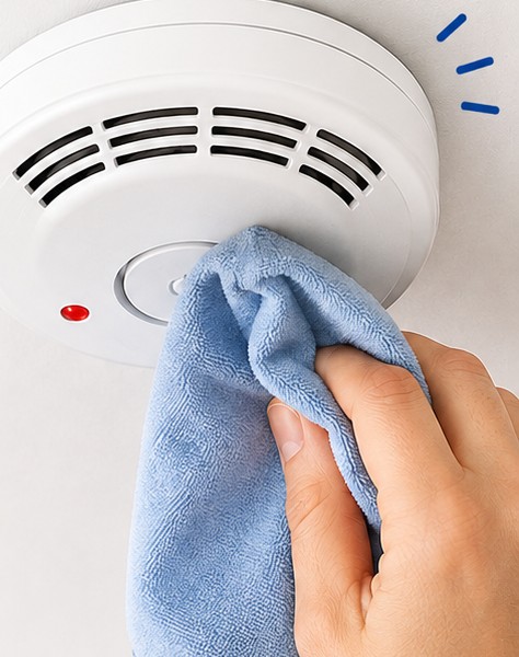 Main nettoyant un détecteur de fumée avec un chiffon
