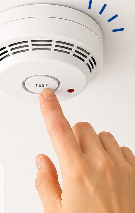 Main appuyant sur le bouton test d'un détecteur de fumée